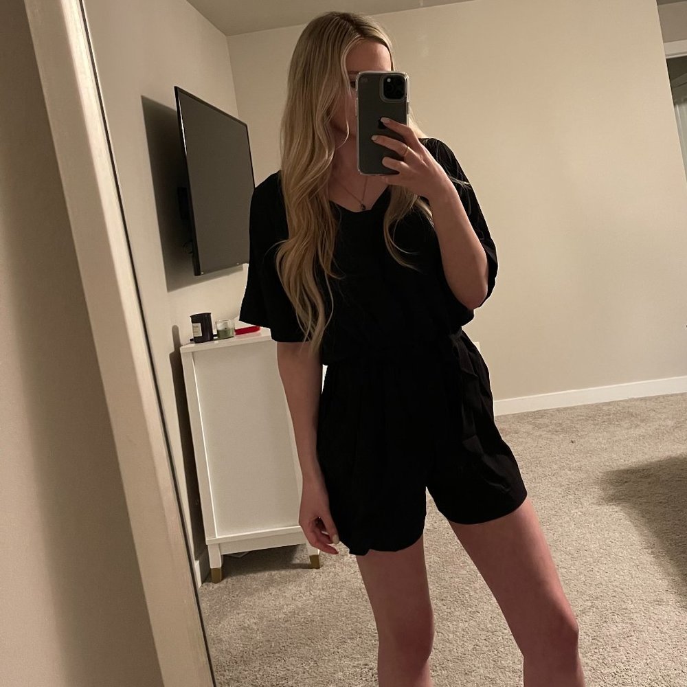 Black Short Sleeve Romper with Waist Tie
